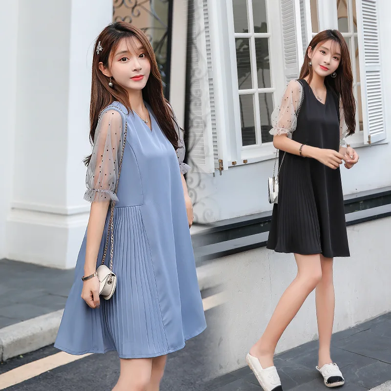 

2019 Pregnant Women Summer Wear Dress Chiffon Lace Summer Skirt Mid-length Pleated Princess Sleeve