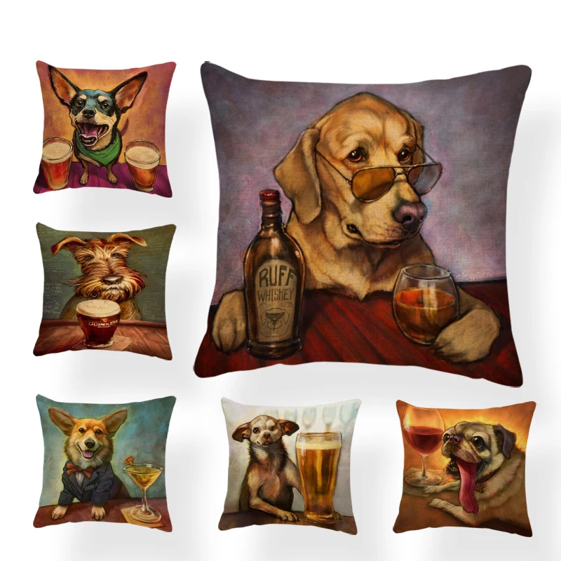 

Comfortable Animal Pillow Dog Red Wine Beer Glasses Orange Cartoon Pillow Bedroom 45*45Cm Polyester Linen Decoration Cushion