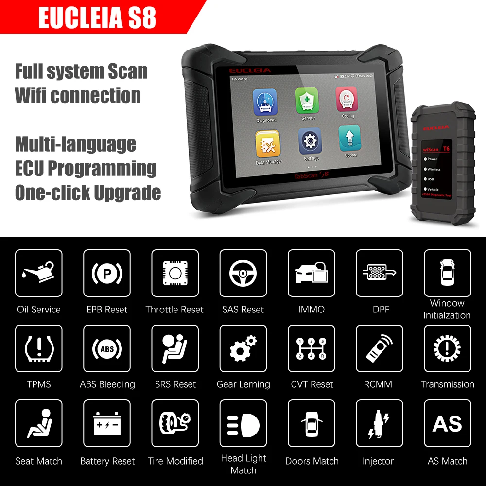 EUCLEIA S8 OBD2 сканер полная система профессиональный автоматический SRS SAS EPB сброс ECU