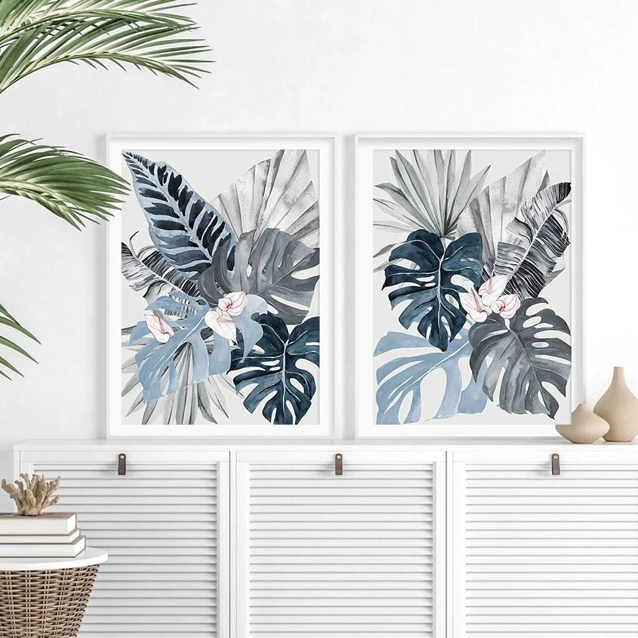 Modern Floral Tropical Blue Palm Leaf Canvas Painting Wall Art Prints Picture for Living Room Bedroom Home Decoration No Frame