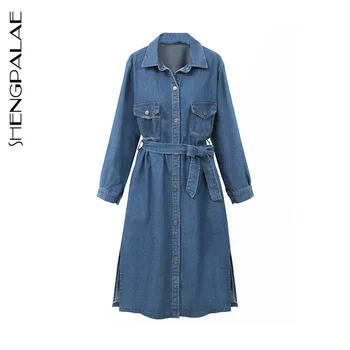 

SHENGPALAE 2020 New Spring Windbreaker Long Sleeve Turn-down Collar Large Size Slimmed Long-sleeved Denim Trench Coat ZA3920