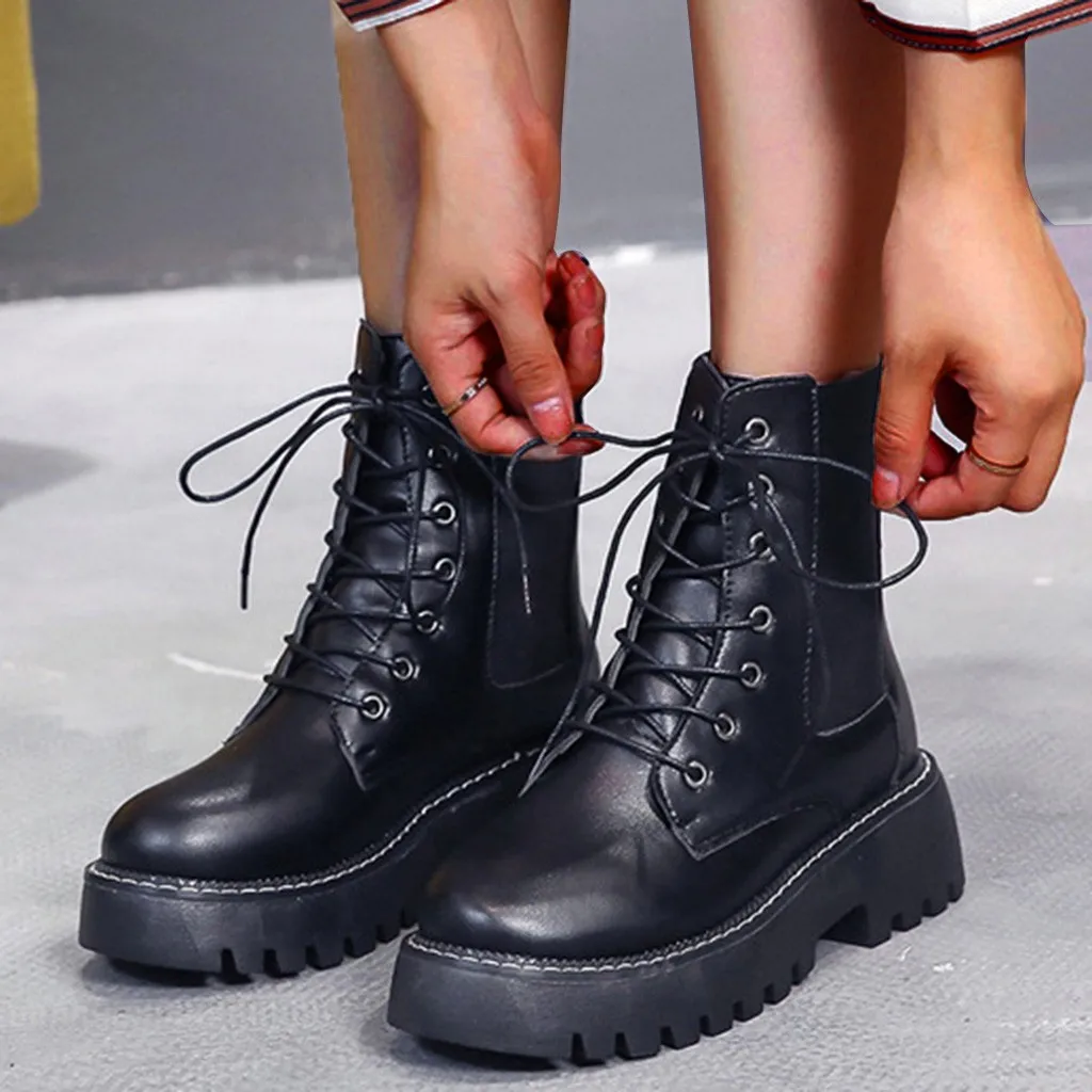 

Women's short booties Gothic Punk style Fashion Winter Lace Up Leather Ankle Elastic Causal platform Boots Dropshipping