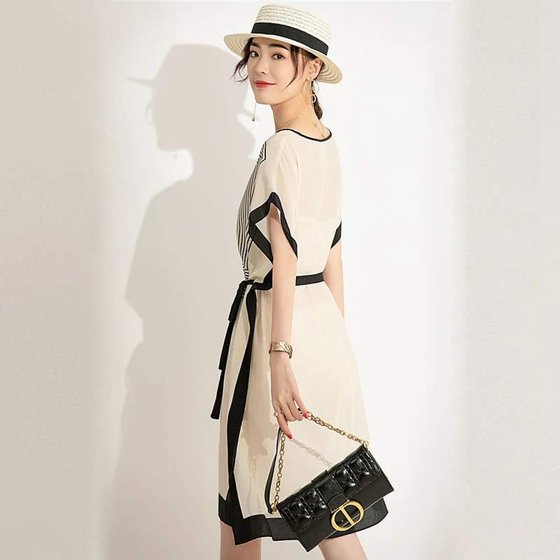 100% Silk Dress Women Elegant Design Printed Loose