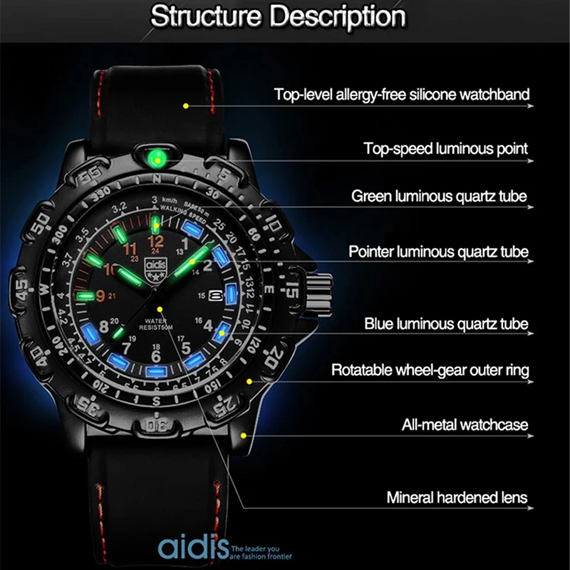 Top Brand Luxury Addies Men Watch Quartz Analog Hand Luminous Dial Display Casual Wrist Watches Men In Dark Like Tritium Clock