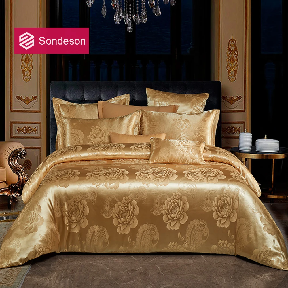 

Sondeson Luxury Euro Jacquard Gold Bedding Set Printed Duvet Cover Pillowcase Flat Sheet Bed Linen Double Queen King Bed Set