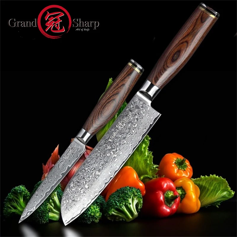 GRANDSHARP набор ножей из дамасской стали 2 шт. Дамасская японская нержавеющая сталь VG10 Santoku универсальные ножи для приготовления пищи кухонный нож шеф-повара Pro