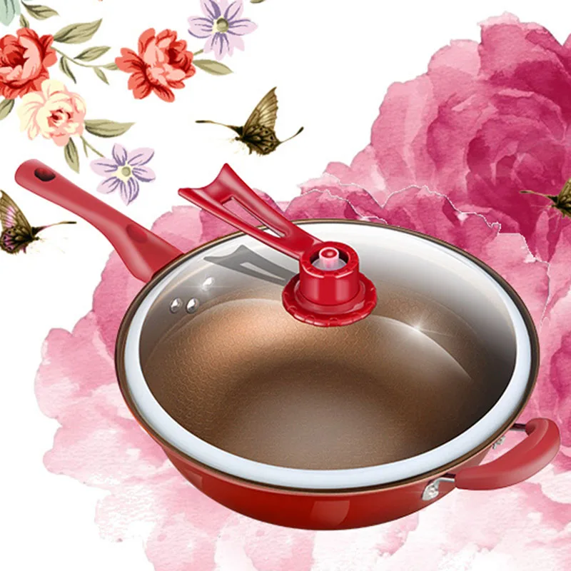 

32cm Kitchen Pot Iron Frying Pan Heat-Preserve Vacuum Pot Boiling Cease-Fire Health Preservation Pan Cooking Wok Pan with Uprigh
