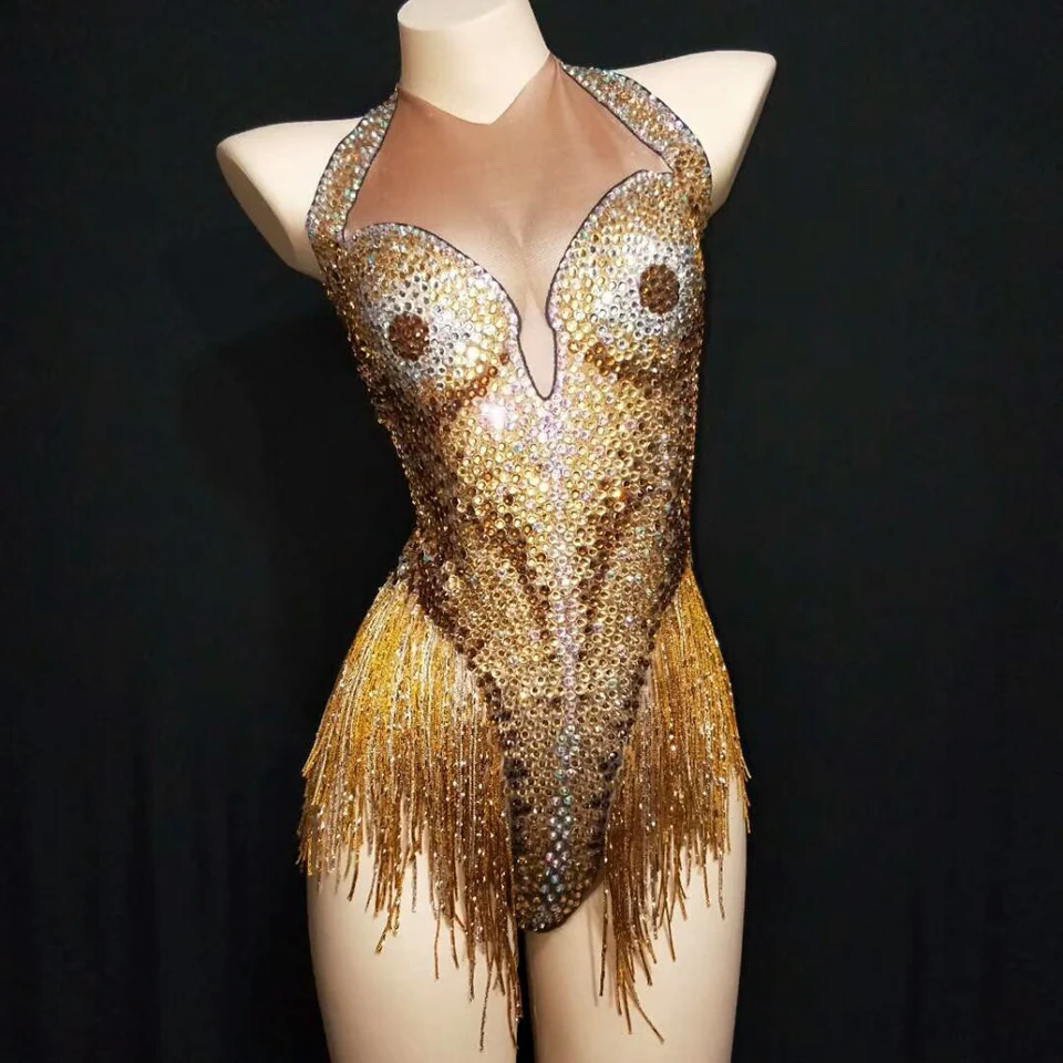 

Female Birthday Celebrate One Piece Performance Costume Sexy Sparkly Rhinestone Leotard Tassel Golden Bodysuit Women Dance Wear