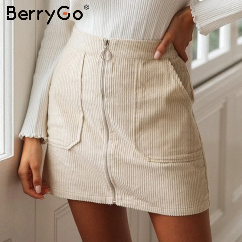 BerryGo Женская Вельветовая Осенняя юбка с высокой талией на молнии офисные короткие юбки зимние женские повседневные уличные прямые мини юбки