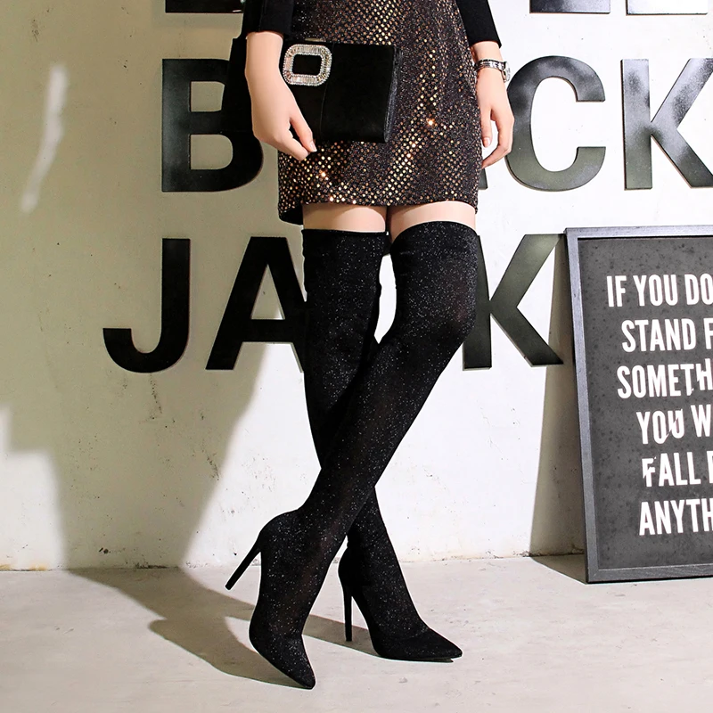 

BIGTREE thigh high heel over the knee boots bling botas largas mujer thin heels pointed toe fashion shoes woman spring autumn
