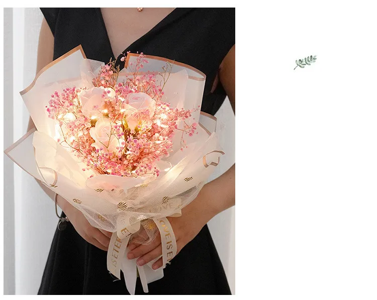 Creative Rose Gypsophila Dried Flower Bouquet + LED Light + Gift Bag Flower Gift Box Valentine's Day Birthday Gift Bride Bouquet