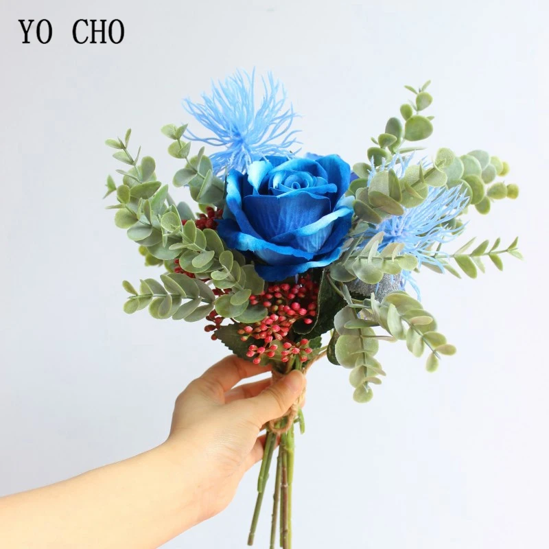 

YO CHO Royal Blue Rose Bouquet Flower Bride Wedding Artificial Flower Forest Style Hydrangea Pompon Fruit Unique Wedding Bouquet