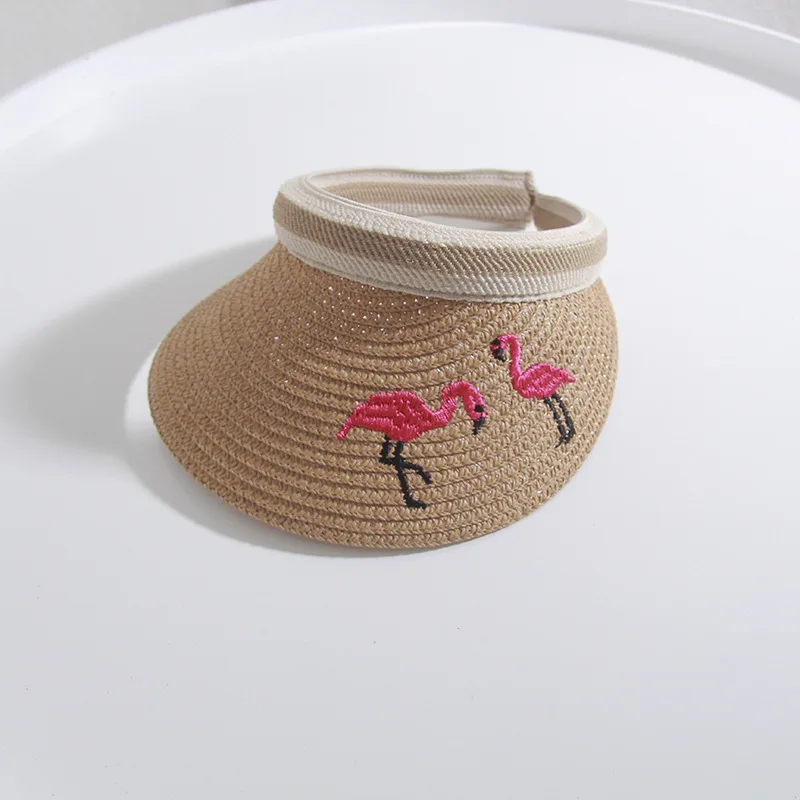 Empty top straw hat Korean version of women's summer sun-proof sun hat beach hat flamingo embroidered hat
