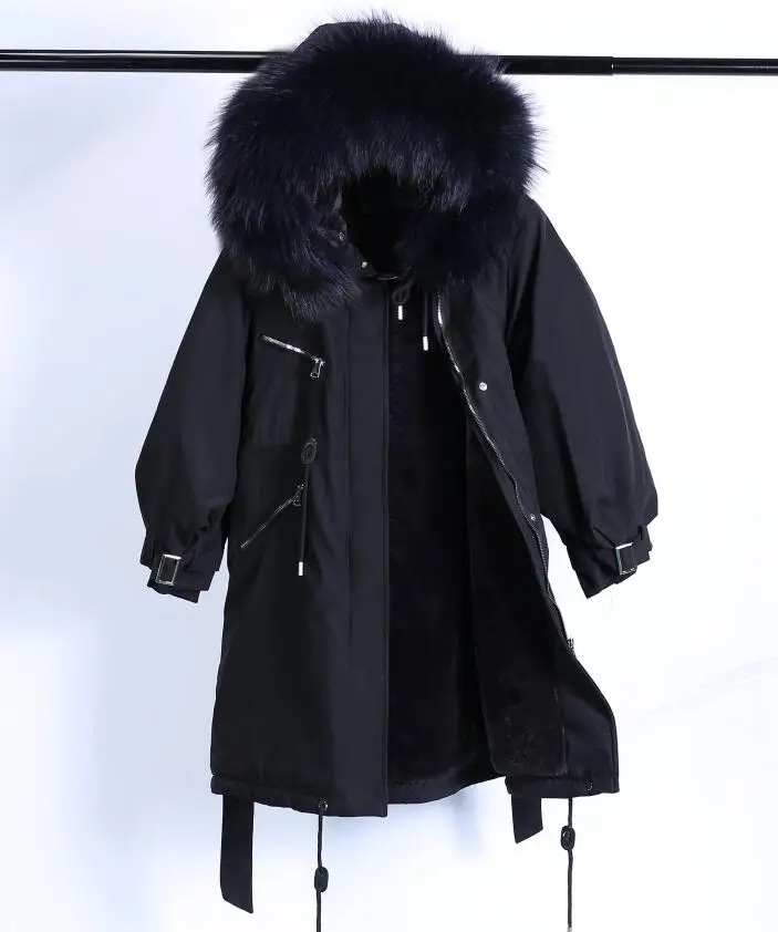 black color black Большой натуральный мех енота зимняя куртка женская с капюшоном Длинные парки для женщин толстый тонкий пуховик Зимнее пальто Женская водонепроницаемая - Цвет: black color black
