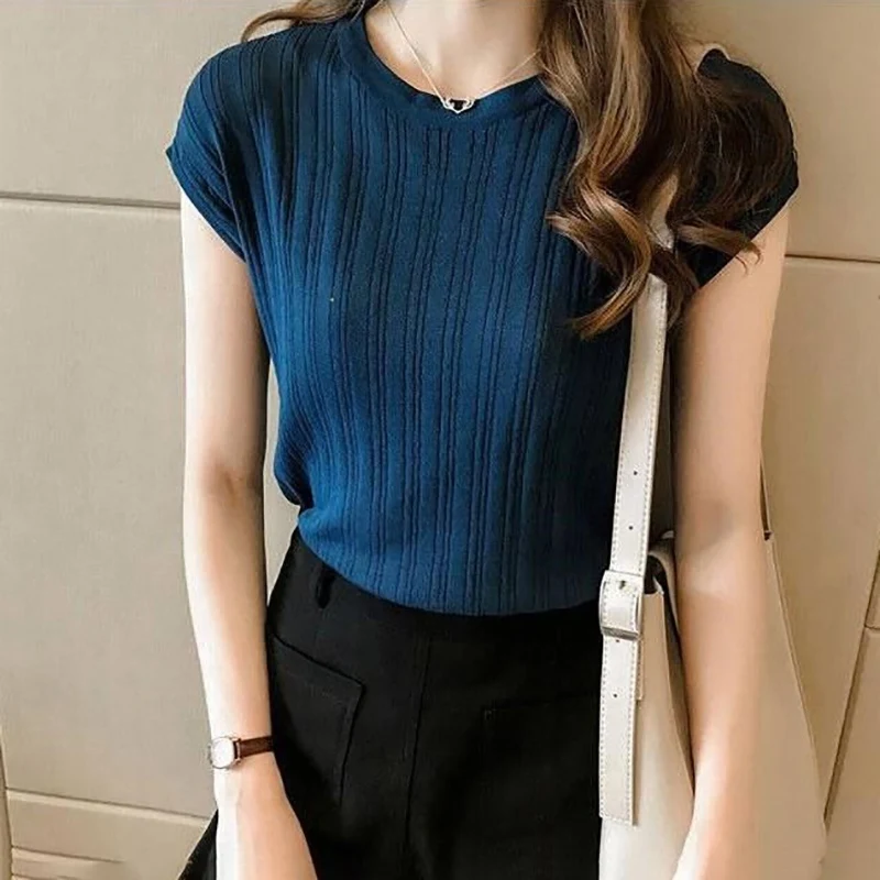 

5 solid color Autumn Pullover Knit T Shirt Women Casual Round Neck Short Sleeve Basic Tops Office Ladies Elegant Cotton T-Shirts