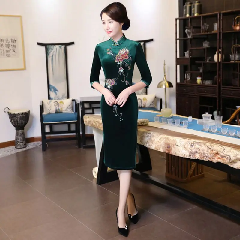 Китайский традиционный Чонсам длинный велюровый Cheongsam элегантный Qipao женское сексуальное платье ручной работы из бисера Cheongsam Vestido