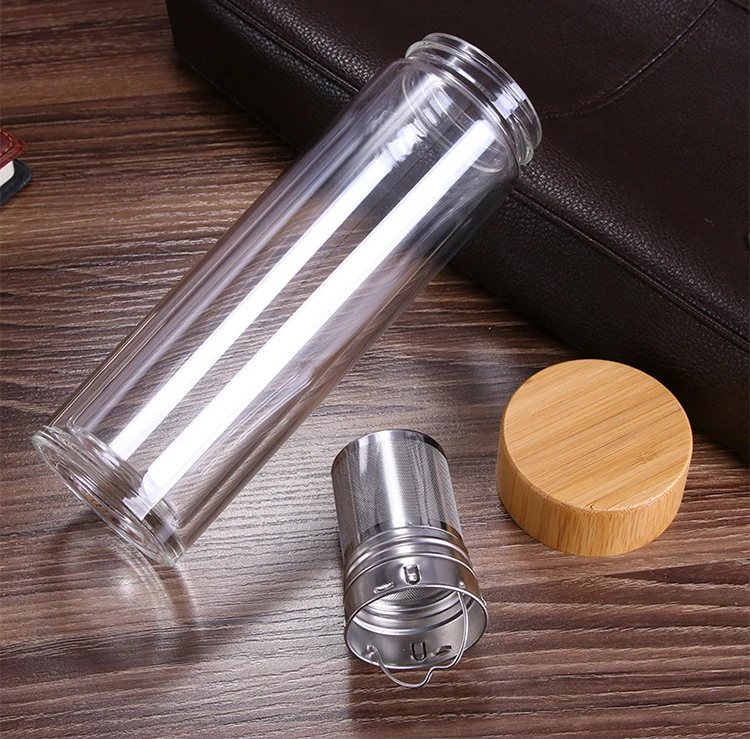 Doppel wand glas wasser flasche tee-ei термос Trinken Flaschen Mit фильтр Sieb Bambus edelstahl Deckel Drink