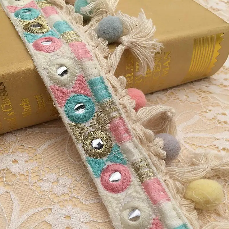 1yards Ethnic Style Embroidered Jacquard Tassel Hairball Lace Ribbon diy Home Textiles Clothes Hat Decoration Accessories ribbon decoration ribbon supplies