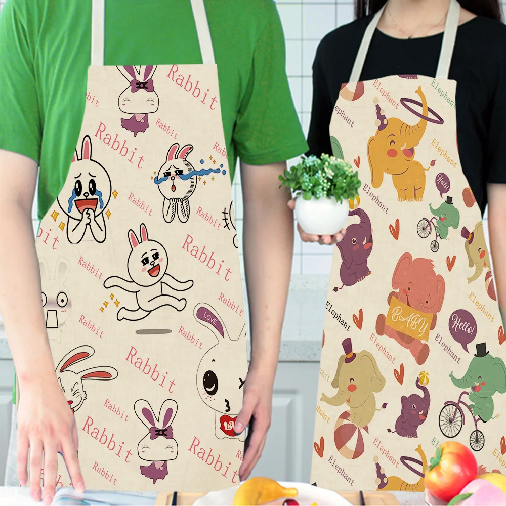 Cat Animals Printed Kitchen Aprons for Women Kids Sleeveless Dolphin Elephant Cotton Linen Bibs Cooking Baking Cleaning Tools