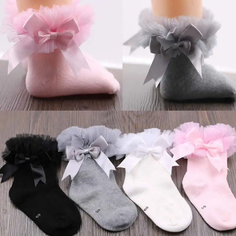 1 pares de las niñas calcetín de encaje de primavera y otoño de los niños tobillo Calcetines de algodón bebé princesa hasta la rodilla calcetín de encaje de algodón