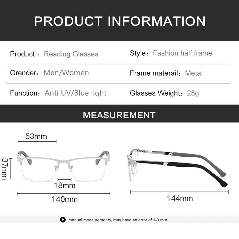 Kann Blume Lesebrille Männer Anti-blau Licht Metall Halb Rahmen Presbyopie Brillen Rahmen Männer der Bussiness Computer Brillen + 2 – Detail 3