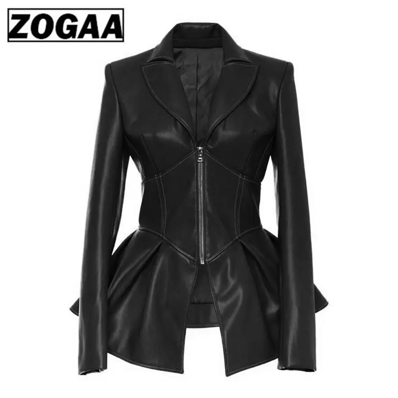 ZOGAA женские Куртки из искусственной кожи, черные готические модные плиссированные женские куртки с v-образным вырезом, весна, женские Куртки из искусственной кожи размера плюс