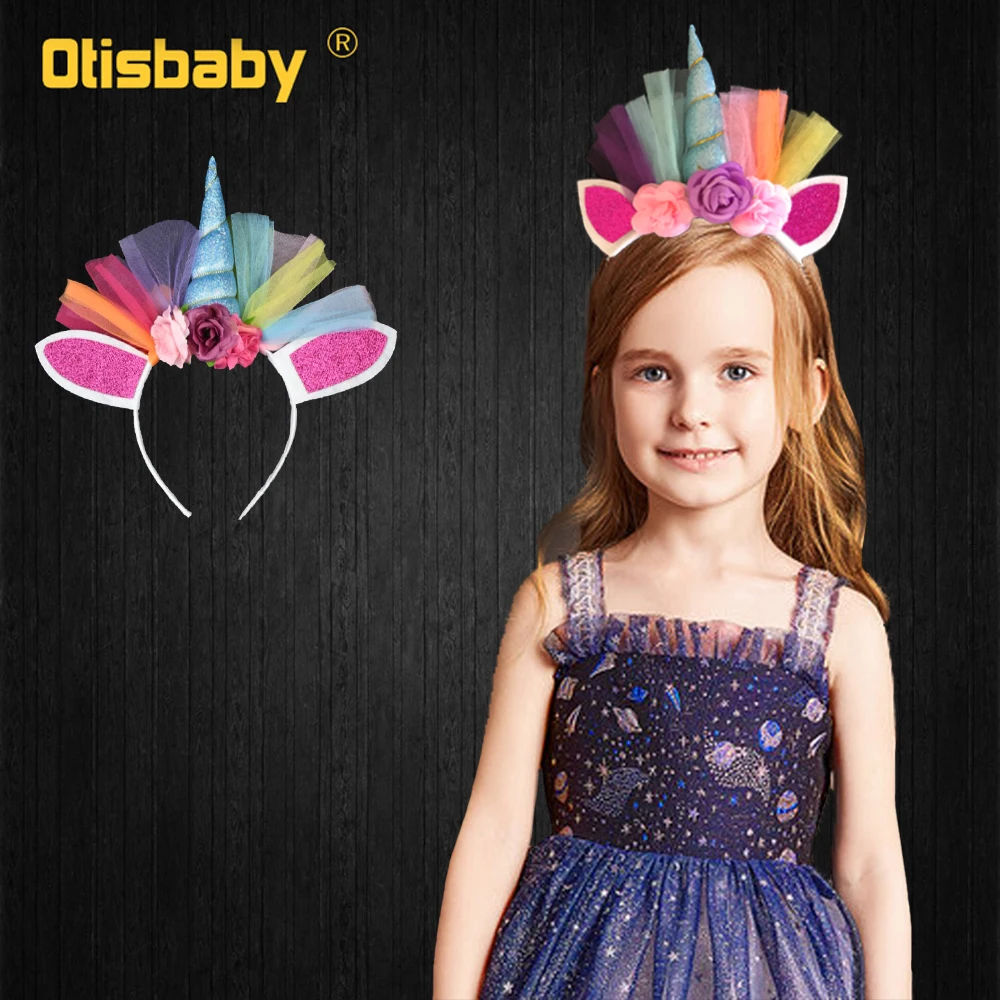 Girls Unicorn Headband Kids Sweet Flower Horn Hair Band Birthday Party Floral Crown Headwear Hoop | Мать и ребенок