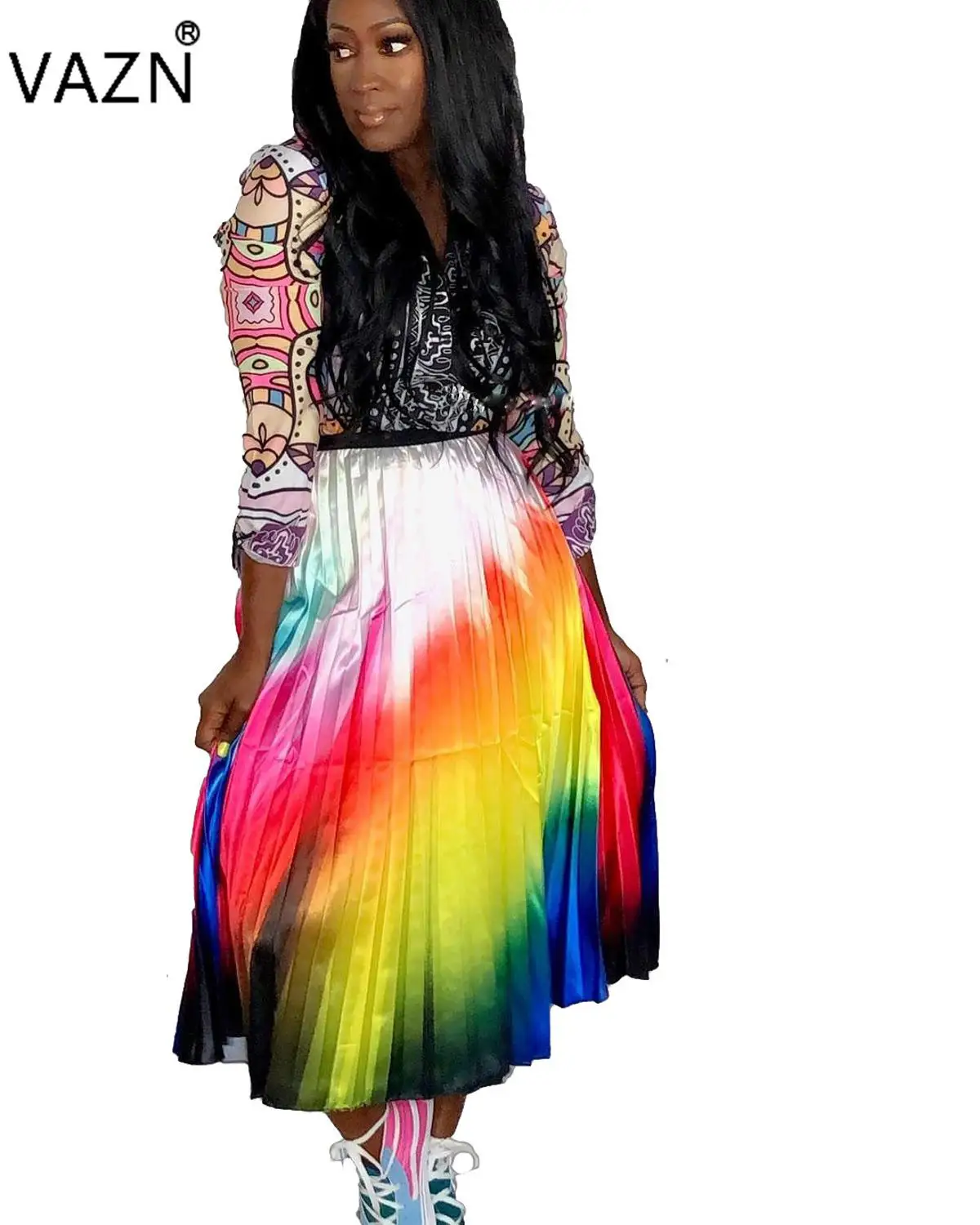 VAZN RRK225 горячая Распродажа неопрятный всплеск сексуальный комбинезон джокер модные однотонные Высокая талия жоржет женские гофрированные длинные юбки