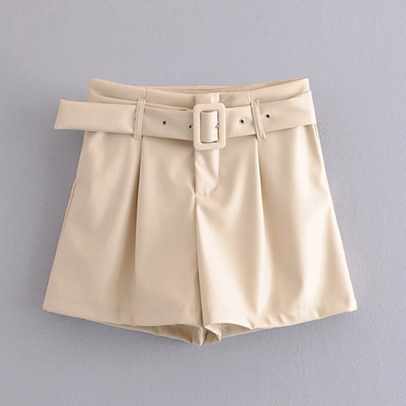 WFSH1900 Beige Шорты с высокой талией, женские модные шорты из искусственной кожи, Женские Элегантные повседневные шорты с поясом, женские шорты - Цвет: WFSH1900 Beige