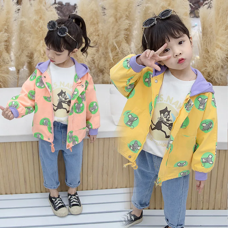 

20 Spring And Autumn Children GIRL'S Jacket Hooded Children Baby Cartoon Printed Mouse Trench Coat CHILDREN'S Jacket