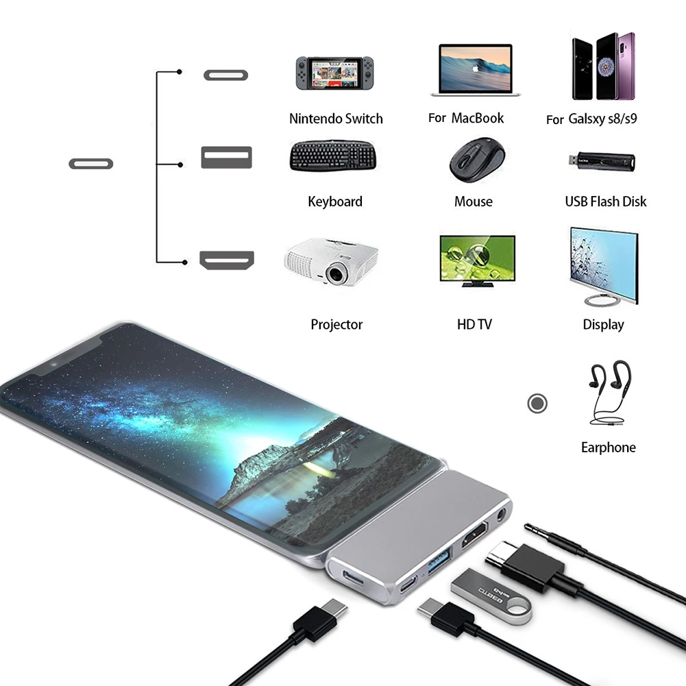 5 в 1 USB концентратор данных Тип C PD 3 мм 4K HDMI 0 60 Вт аудио адаптер для офисного уход