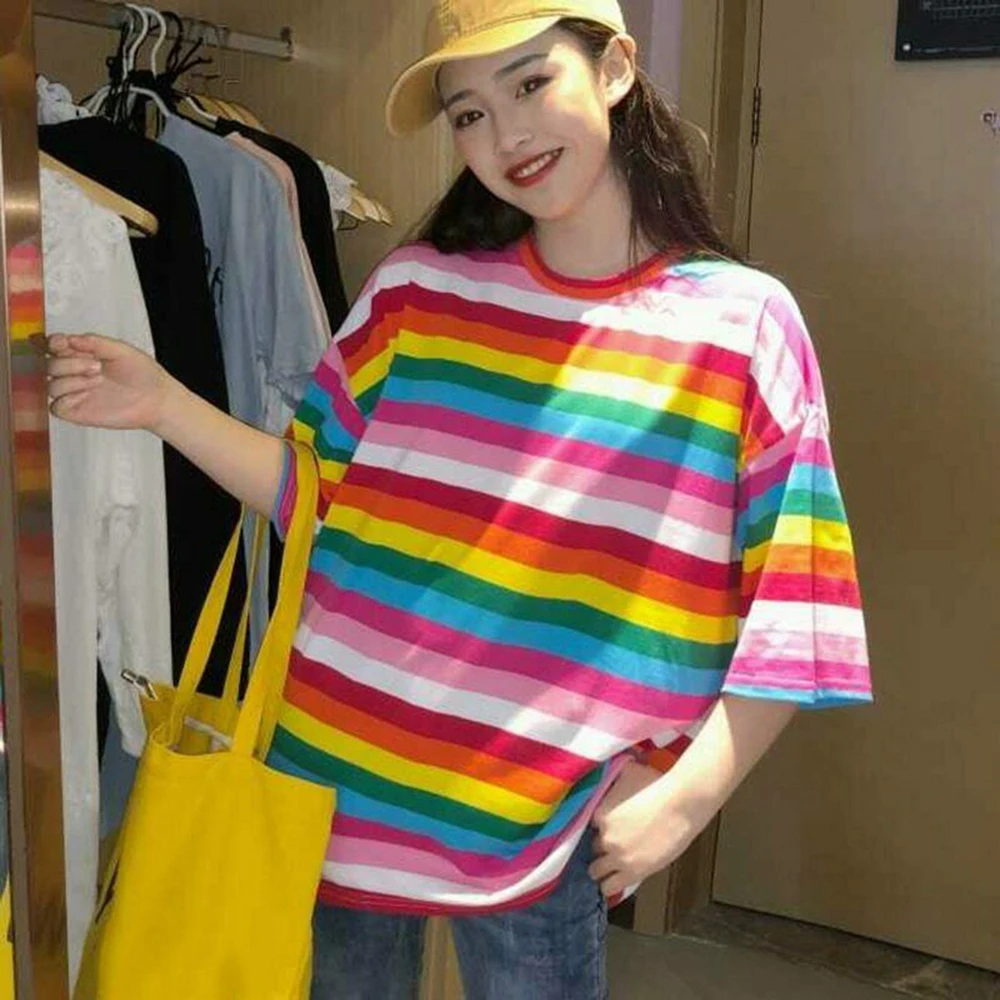 Модные радужные цветные полосатые женские топы с коротким рукавом и круглым