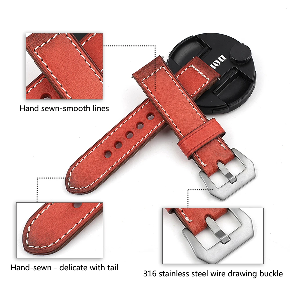 Onthelevel Thick Watch Band Vintage Genuine Leather Strap 20mm 22mm 24mm Handmade Watch Strap Belts Bracelet for Panerai Watch