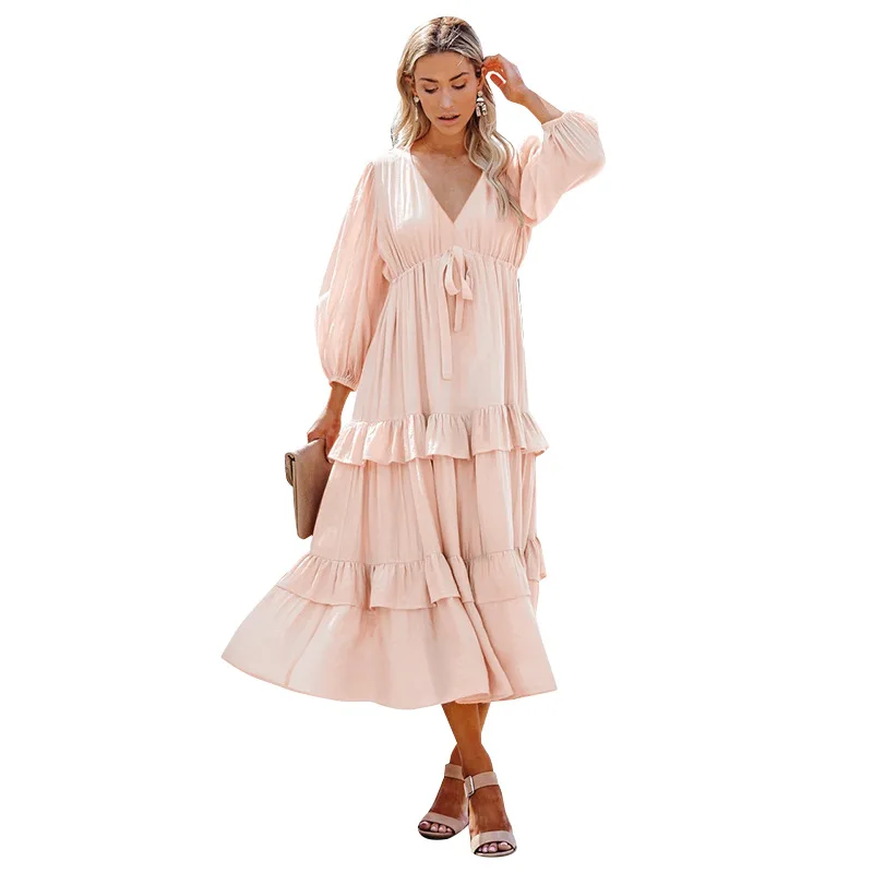 

2021 Women Elegant Long Maxi Dress Lace-Up Long Sleeve Sexy V-Neck Model A-Line Party Dresses Ladies Vintage Pleated Dress