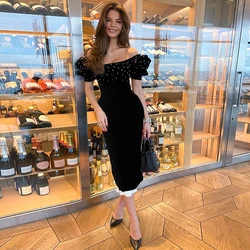 Fashion Black Tea Length Straight Evening Dress Party Gowns Strapless Modern Off the Shoulder Prom Dresses with Pearls 2022