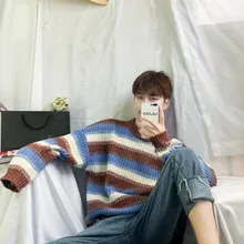 UYUK 2019 Autumn And Winter Models Wild Trend Loose Casual Striped Stitching Contrast Color Knit Round Neck Sweater UYUK 2019 Autumn And Winter Models Wild Trend Loose Casual Striped Stitching Contrast Color Knit Round Neck Sweater
