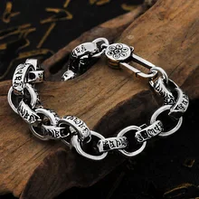 Тайские серебряные браслеты Будды для мужчин Настоящее Серебро S925 мантра браслеты для женщин полированные Ретро Черные ювелирные изделия ручной работы