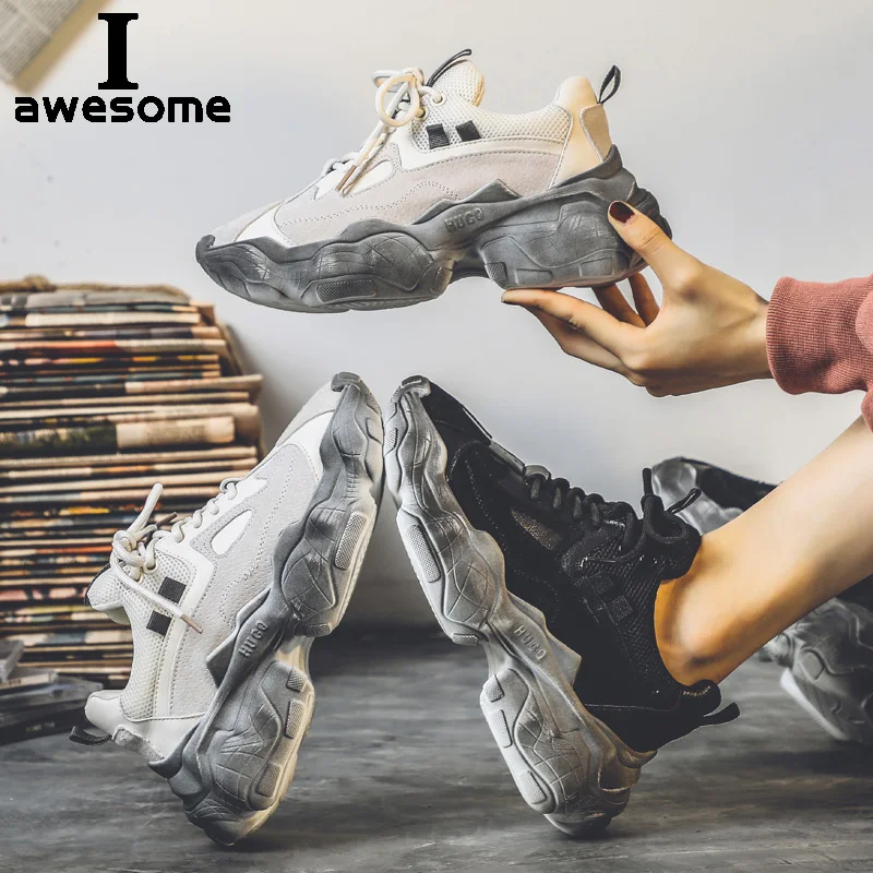 

2019 New INS Hot Old Style Dirty Dad Shoes Lace-up Urban Sneakers Cow Leather Suede Women Shoes Flat platform Shoes Woman Lady