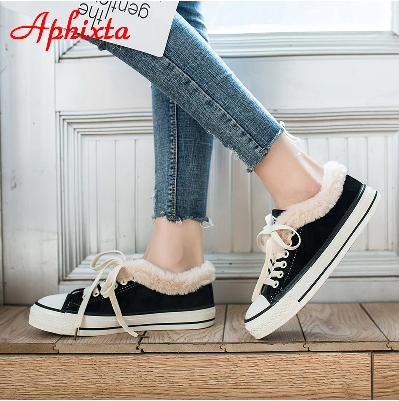 Aphixta Winter Women Flats Vulcanized Sneakers Warm Plush Shoes Woman Canvas Shoes Female Sneakers Fashion Lace Up Shoes