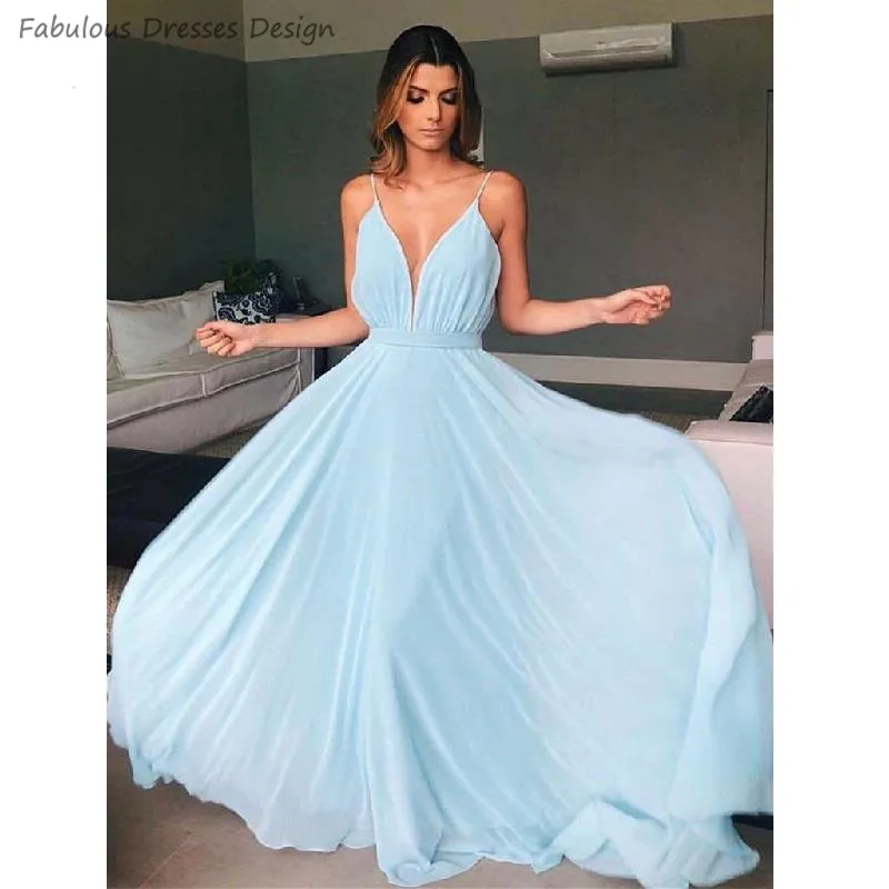 

Light Blue A Line Prom Dresses Long 2020 Chiffon Sexy V Neck Spaghetti Strap Vestido De Festa Evening Dress Party For Women