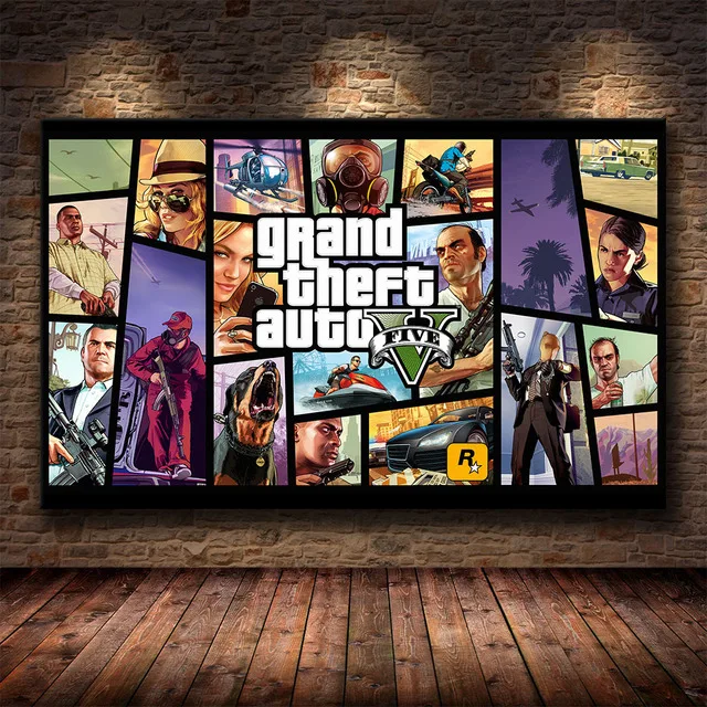 Grand Theft Auto V 게임 포스터, GTA 5 캔버스 아트 프린트 페인팅 벽 그림, 방 홈 장식 벽 장식