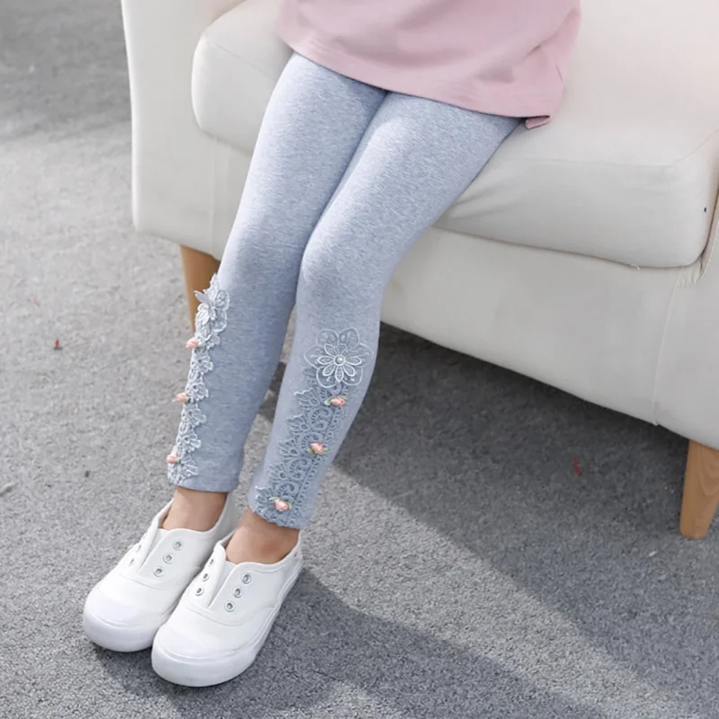 

Spring Autumn Children Kids Leggings Lace Embroidered Thick Warm Casual Trouser Sweet Slim Girls Pants