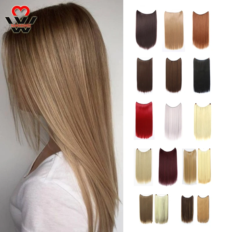 

MANWEI 24" Invisible Wire No Clips In Hair Extensions Secret Fish Line Hairpieces Synthetic Straight Wavy Hair Extensions
