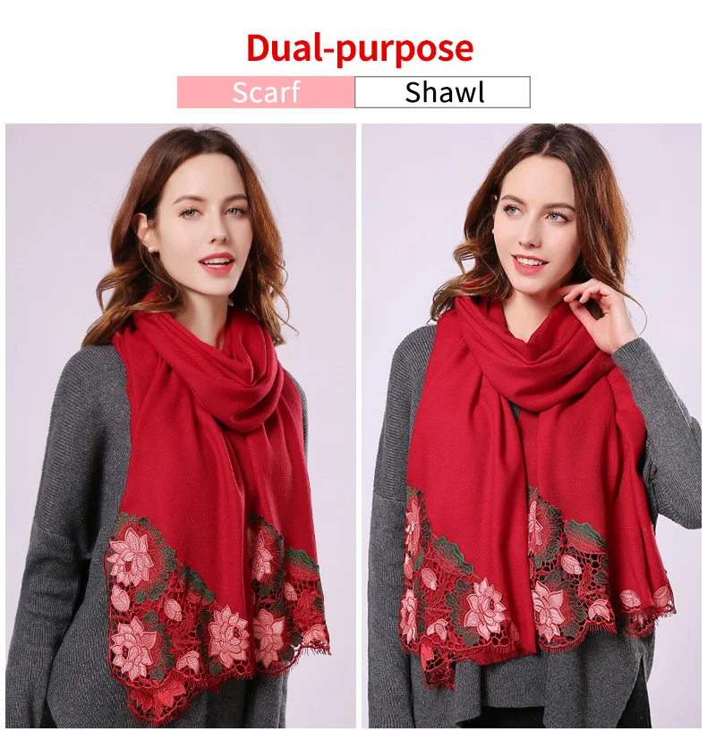 Women Wool Scarf New Red Warm Shawl Wraps Flower Pashmina Bride Bridesmaid Shawl Winter Warm Embroidery Wool Scarves