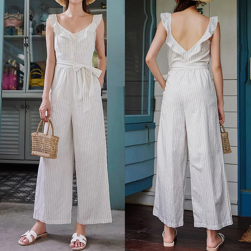 

Fashion Jumpsuits 2020 Celmia Women Retro Striped Summer Wide Leg Pants High Waist V-neck Ruffles Playsuit Casual Sash Overalls