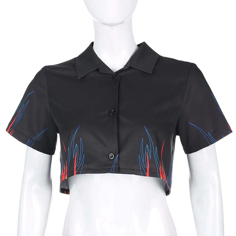 IAMSURE Streetwear Fashion Flame Print Women Cropped Shirts Summer Turn-down Collar Short Sleeve Ladies Blouses Harajuku