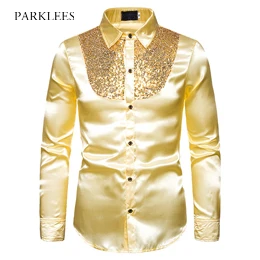 gold Men's Luxury Sequin Glitter Shirt Purple New Silk Satin Chemise Homme Night Club Stage Disco Party Shirts Camisas Masculina - Color: gold