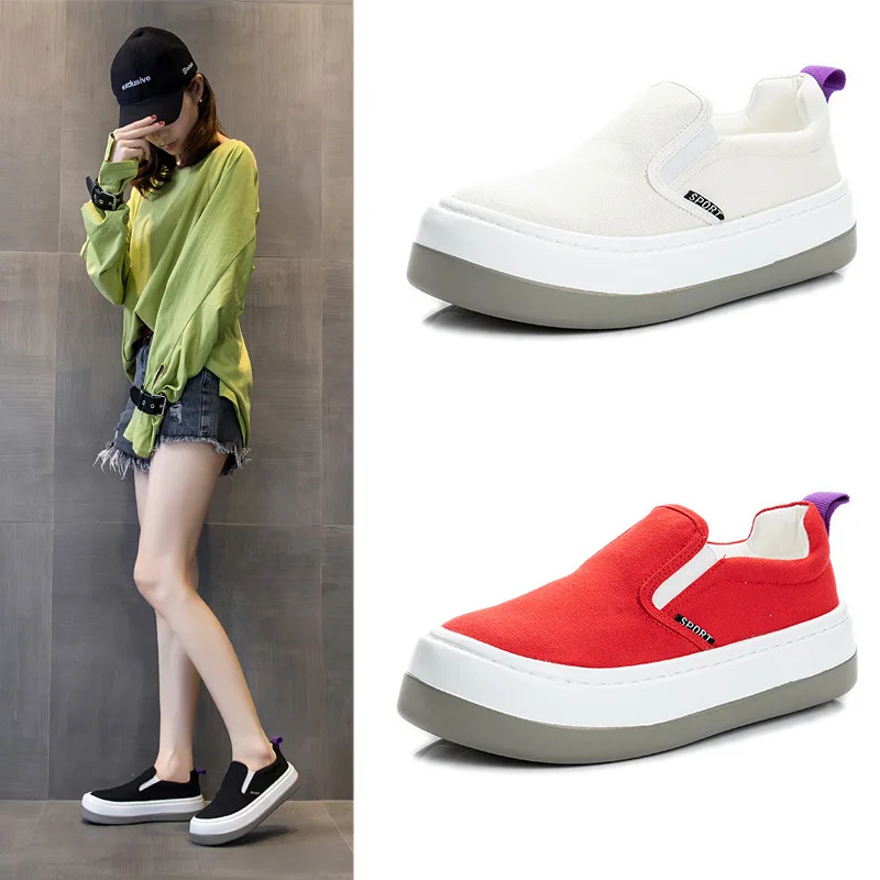 Swyivy Canvas Sneakers Women Shoes White Slip On Loafers 2020 Autumn White Sneakers Platform Black Canvas Vulcanize Sneaker