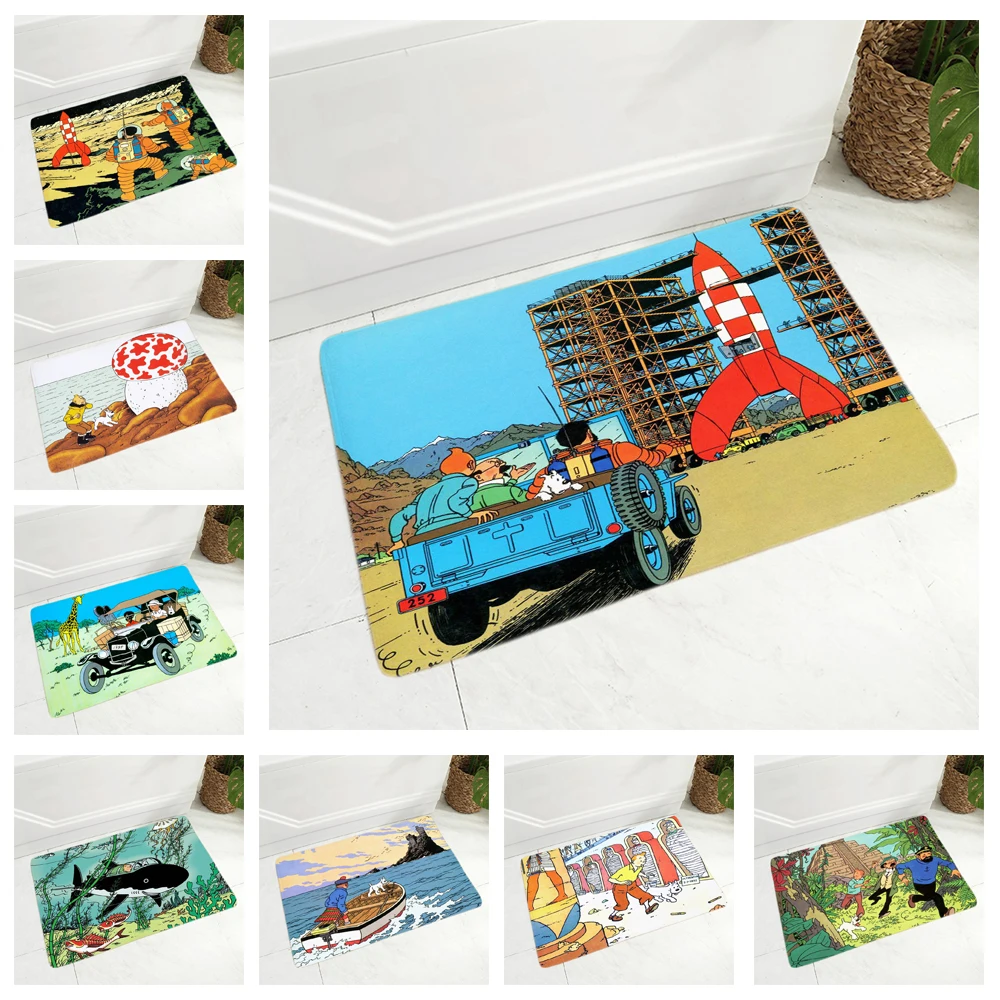 Carpet Doormat Non-Slip-Decor Tintin-Print Floor Flannel Kitchen Cartoon Bedroom Adventures