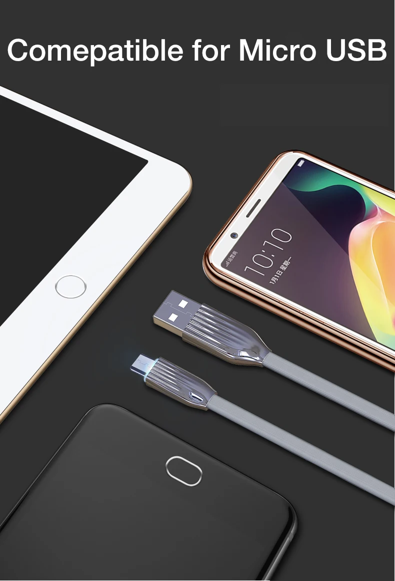 Micro USB кабель с белый светодиодный свет кабель для быстрой зарядки плоский usb-кабель для передачи данных(синхронизации) и зарядки кабель Micro USB кабель 5V 2A для samsung Xiaomi huawei